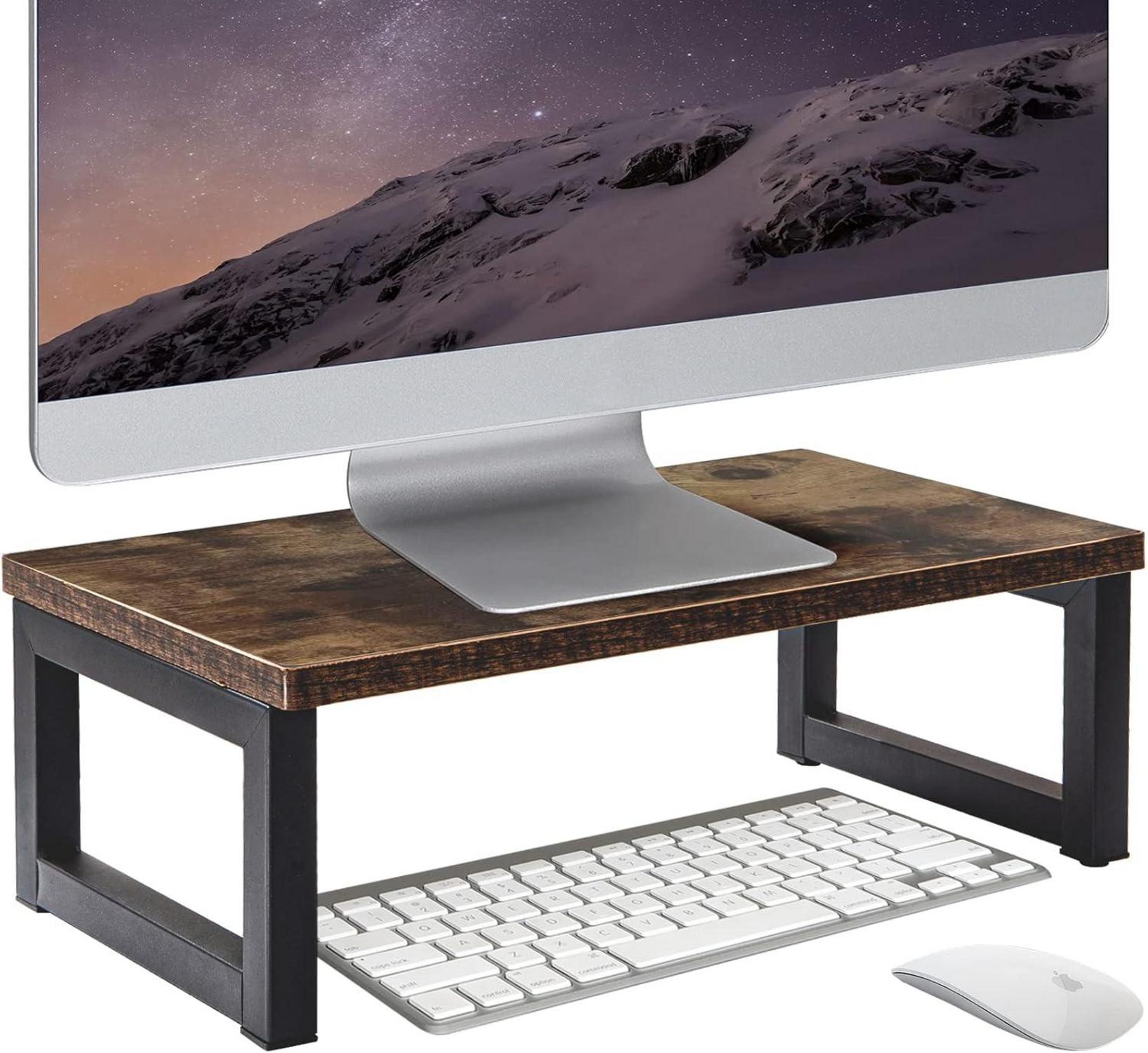 Monitorständer aus Vintage Holz mit Stauraum, Dunkelbraun