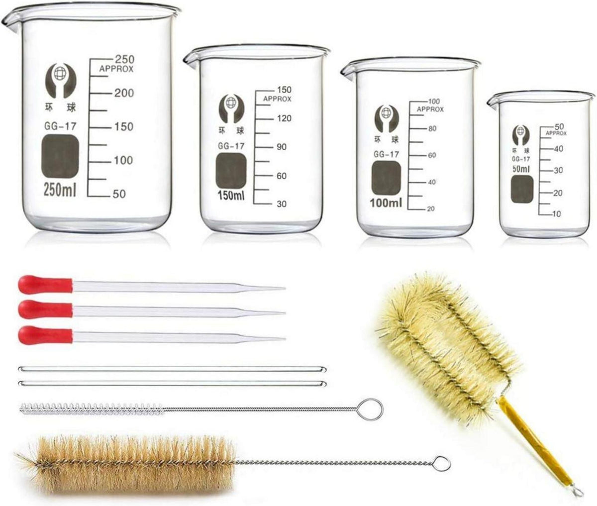 Borosilikatglas Bechergläser Set mit Pipetten und Reinigungsbürsten