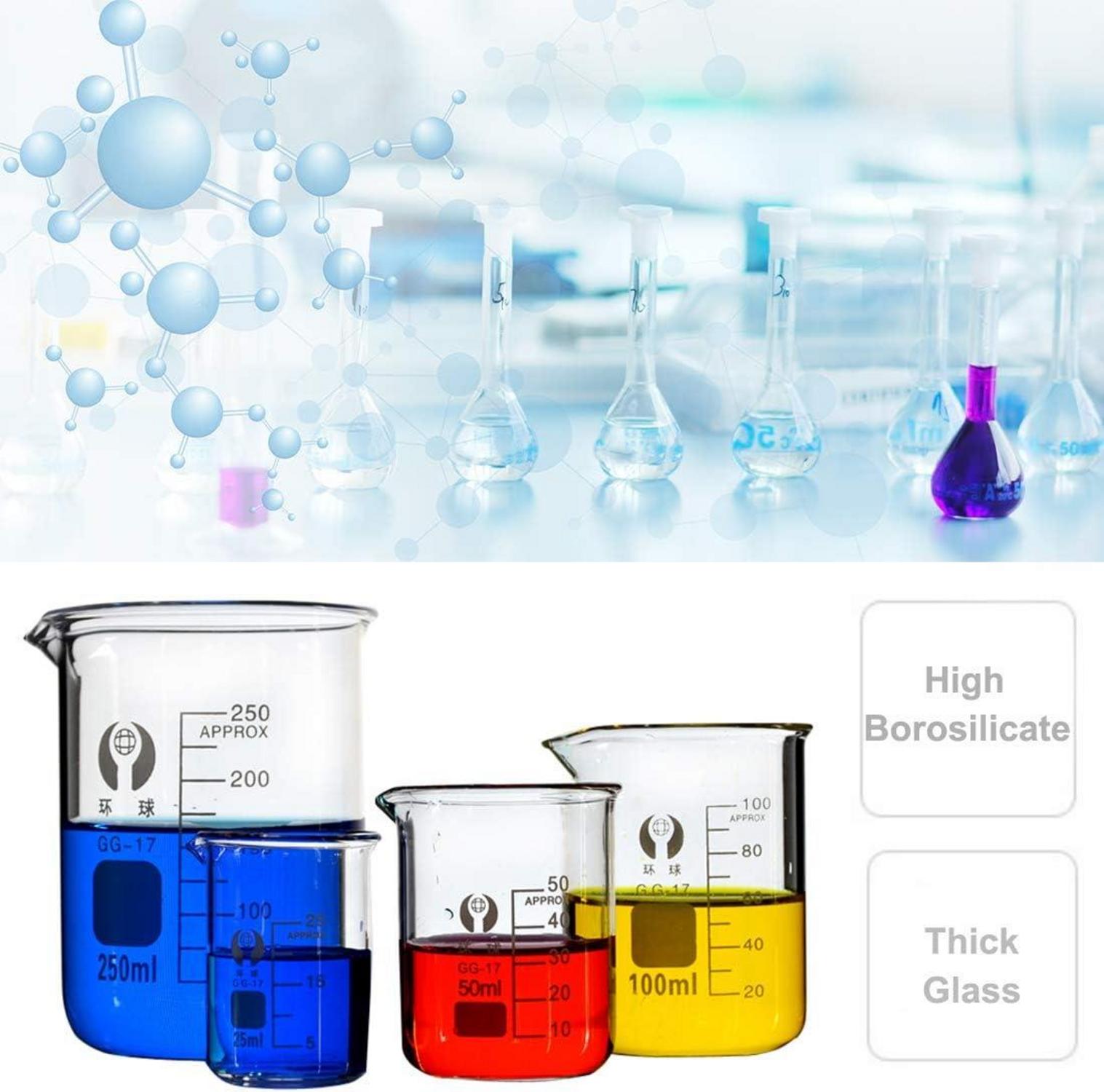 4 Borosilikatglas Bechergläser Set mit Pipetten, Bürsten, Glasstab