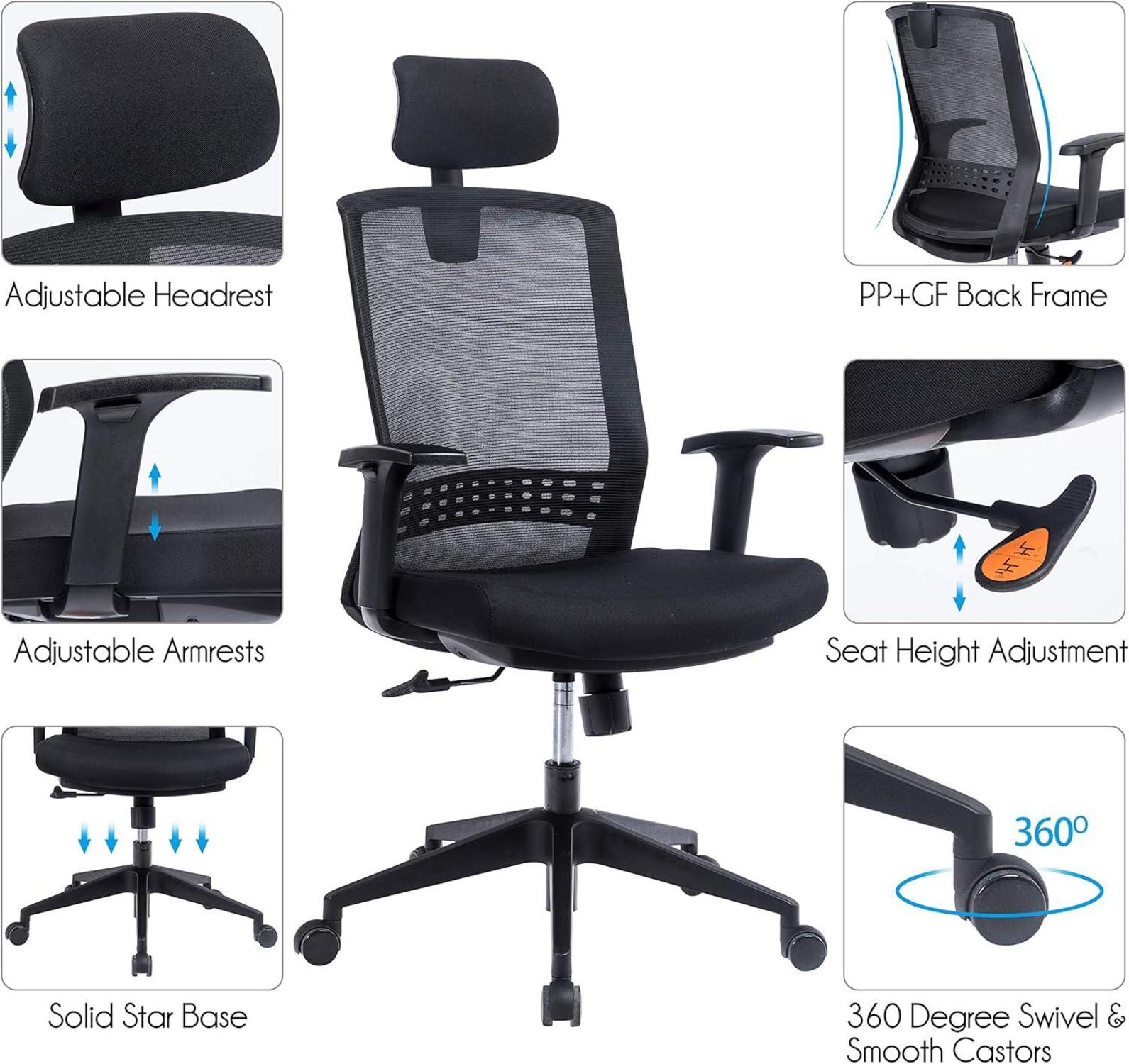 KCREAM Bürostuhl Ergonomischer Mesh Schreibtischstuhl Klappbare Armlehnen Rückenschonend Drehstuhl Wippfunktion weißer Rahmen