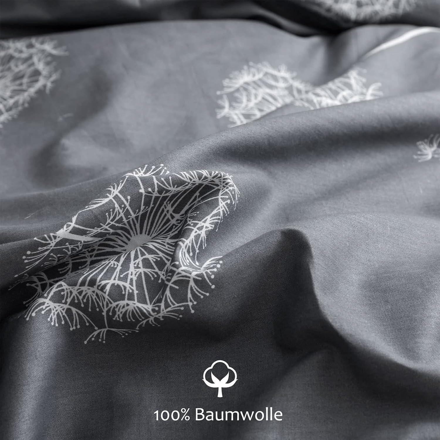 Bettwäsche 200x200 Grau Weiß Baumwolle Wendebettwäsche Pusteblume