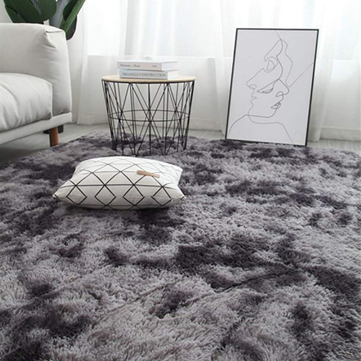 Flauschiger Zottelteppich Schwarz Grau 160x200cm – Weicher Schlafzimmerteppich