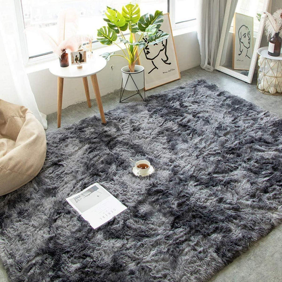 Flauschiger Zottelteppich Schwarz Grau 160x200cm – Weicher Schlafzimmerteppich