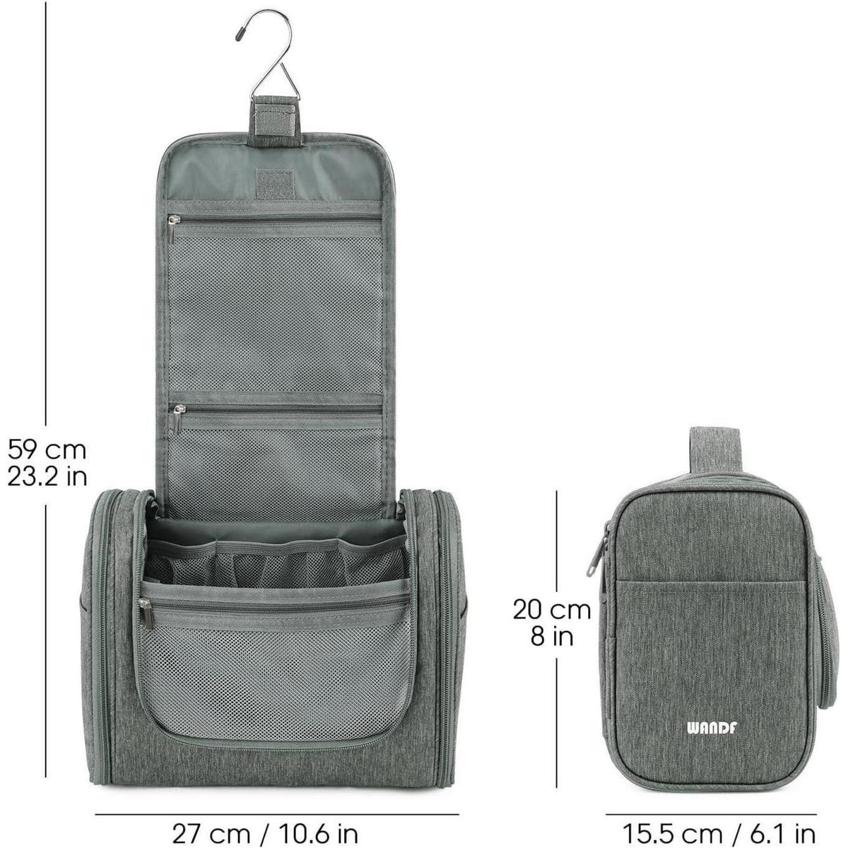 Große Kulturtasche zum Aufhängen, Reise-Waschtasche mit vielen Fächern, Grau