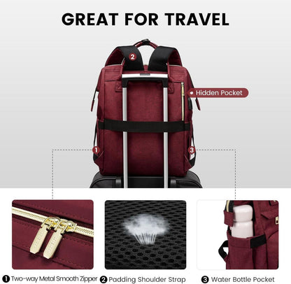 Damen Rucksack mit Laptopfach Wasserdicht Multitaschen Weinrot