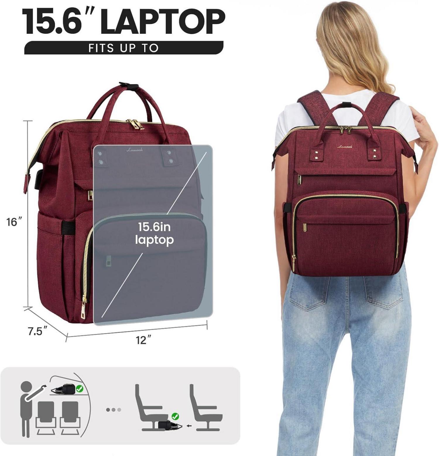 Damen Rucksack mit 15,6 Zoll Laptopfach, Business Daypack Wasserdicht Uni Weinrot