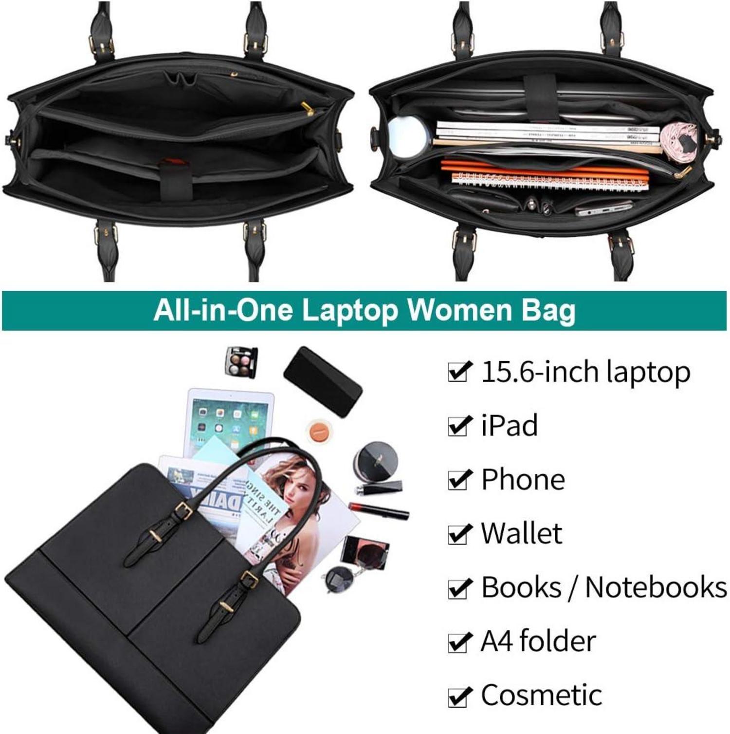 Große Damen Handtasche Schwarz Leder 15.6 Zoll Laptop