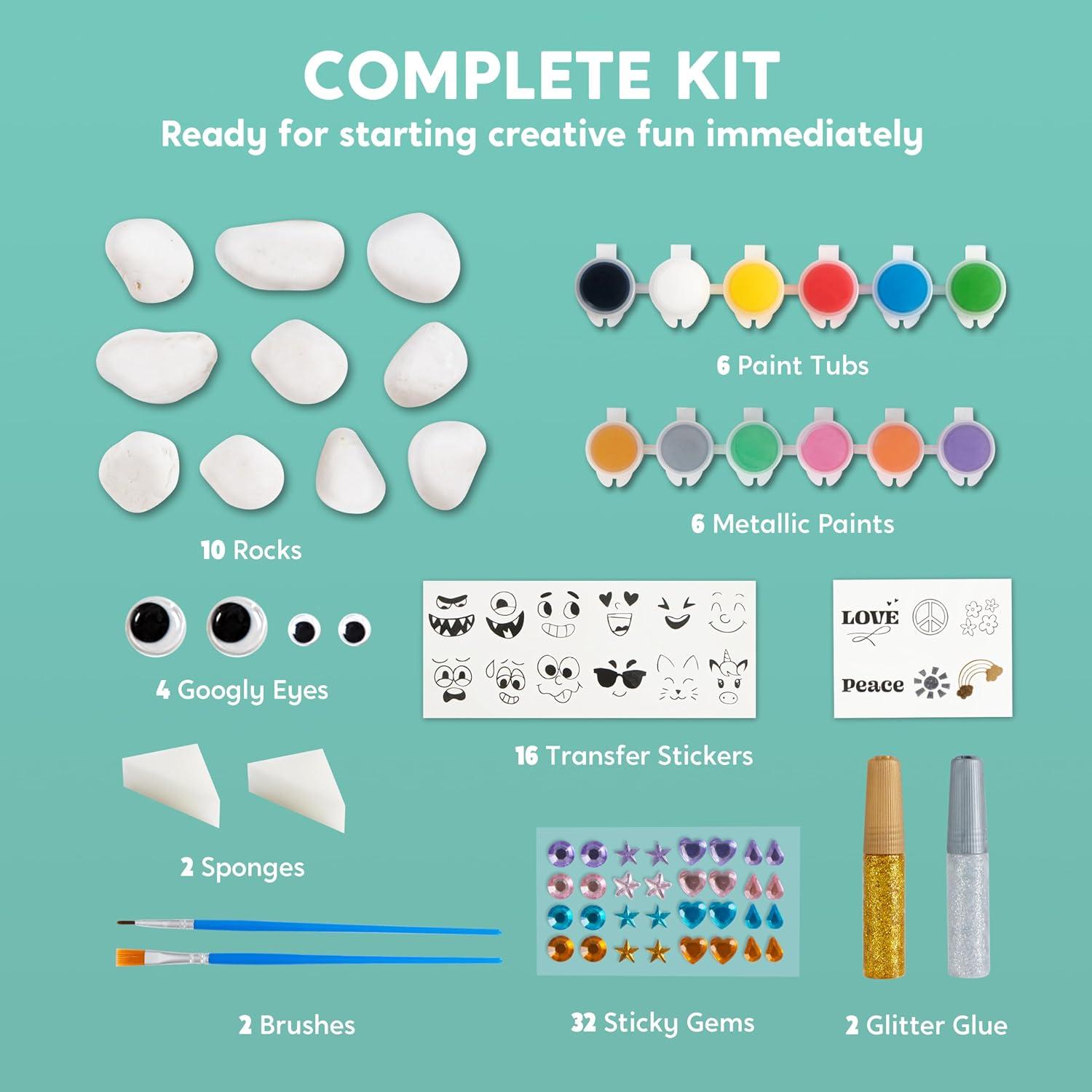JOYIN 12er Steine Bemalen Set für Kinder, 18 Farben, Aufkleber, Glitzerkleber