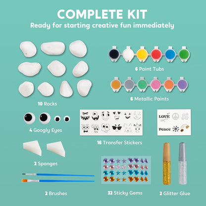 JOYIN 12er Steine Bemalen Set für Kinder, 18 Farben, Aufkleber, Glitzerkleber