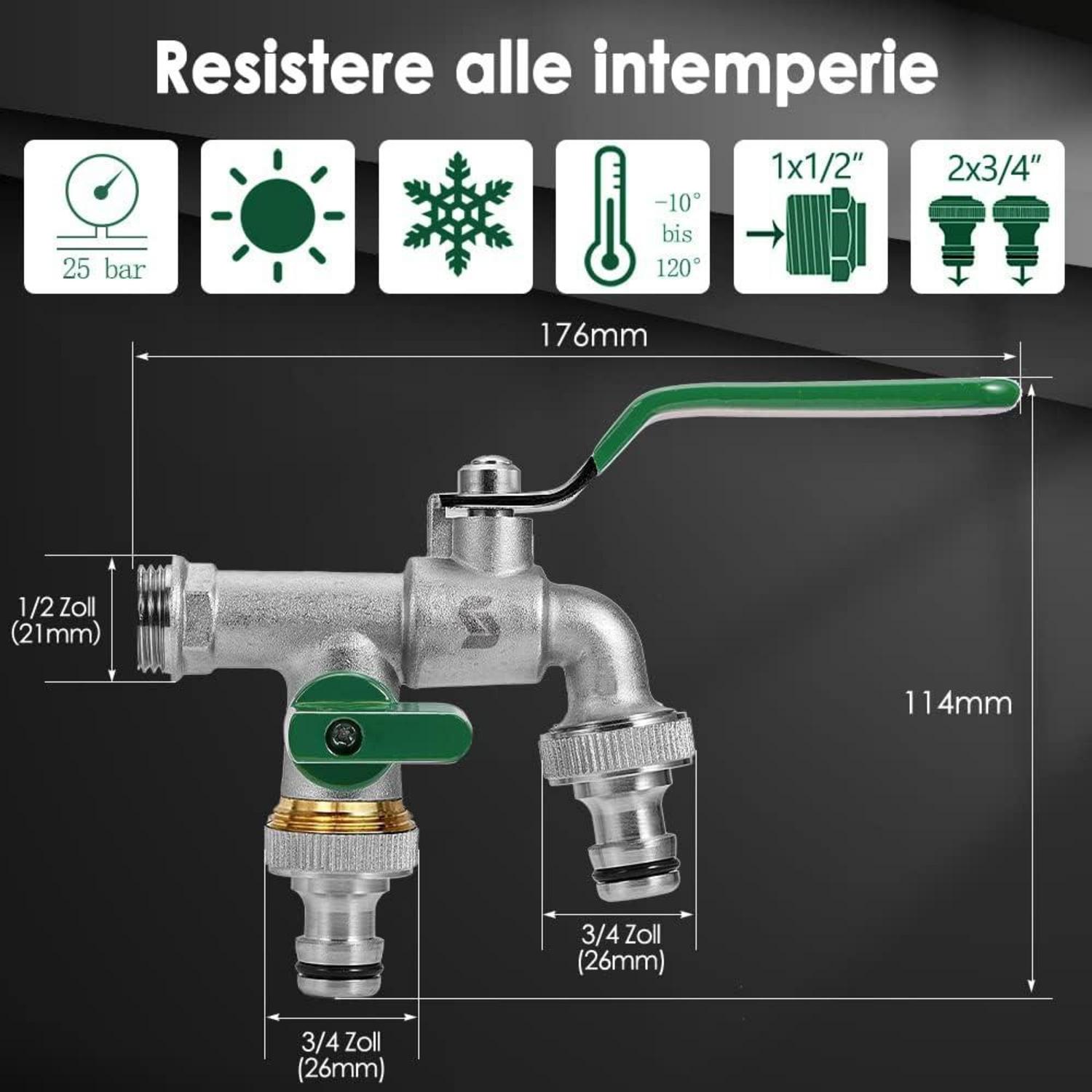 Garten Wasserhahn Doppel Auslaufhahn Messing Rost-Frost-Sicher 2x Schlauchanschlüsse Grün