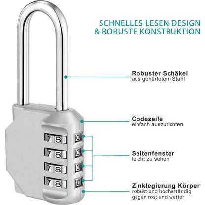 ZHEGE Langes 4-Stelliges Zahlenschloss mit Langem Bügel für