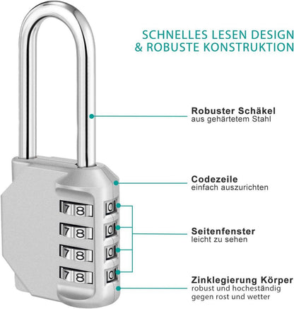 4-stelliges Zahlenschloss mit langem Bügel für