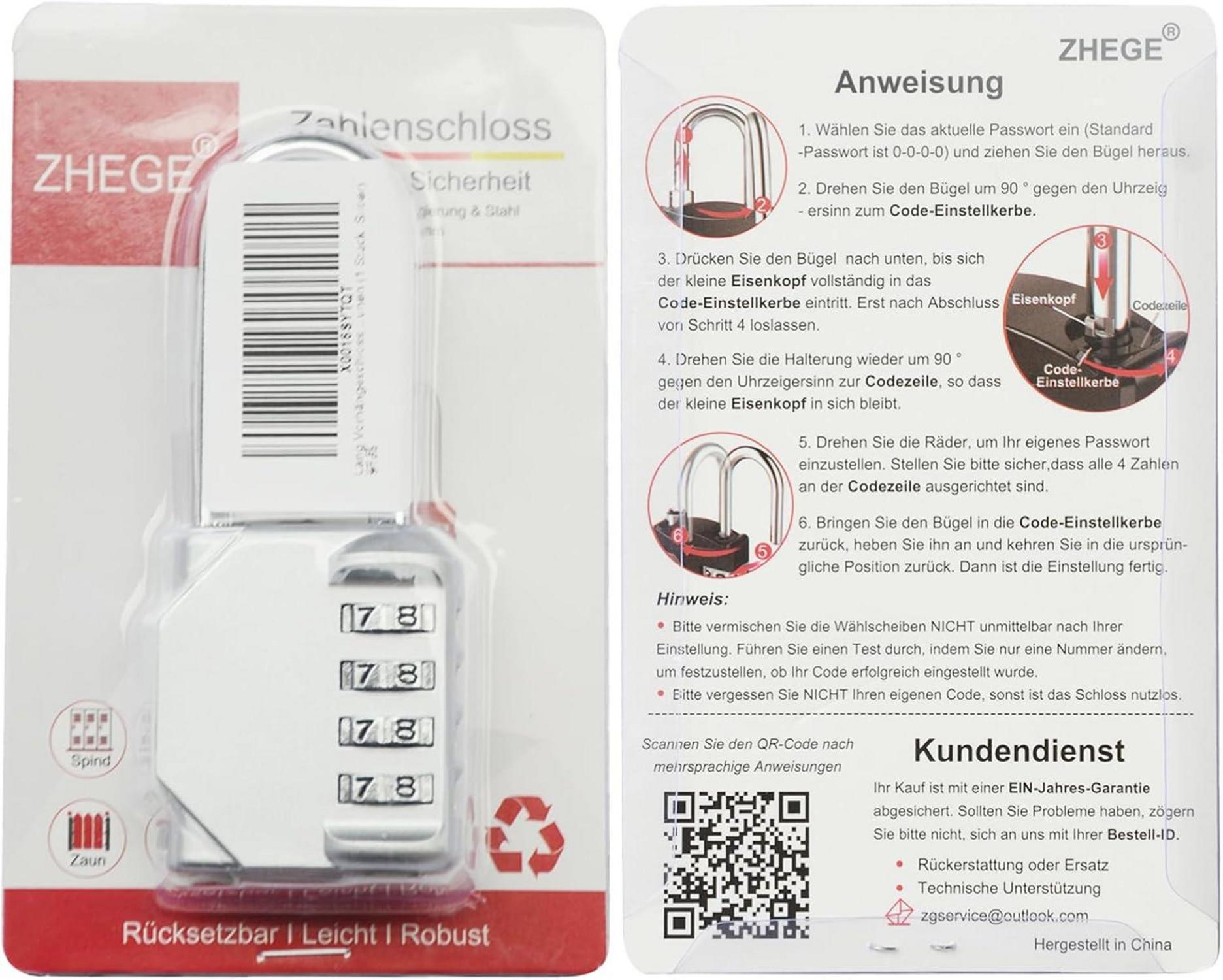 ZHEGE Langes Zahlenschloss mit 4-stelligem Code, Langer Bügel, Wetterfest, für Fitnessstudio, Werkzeugkisten, Türen, Gartenzäune