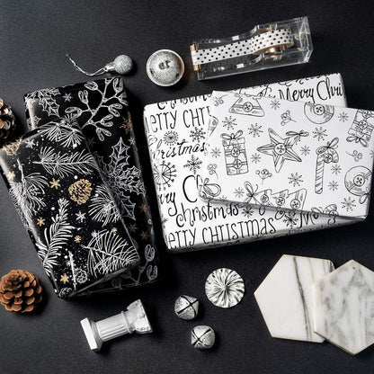 Weihnachts-Geschenkpapier Schwarz-Weiß-Gold 4 Rollen 76cm x