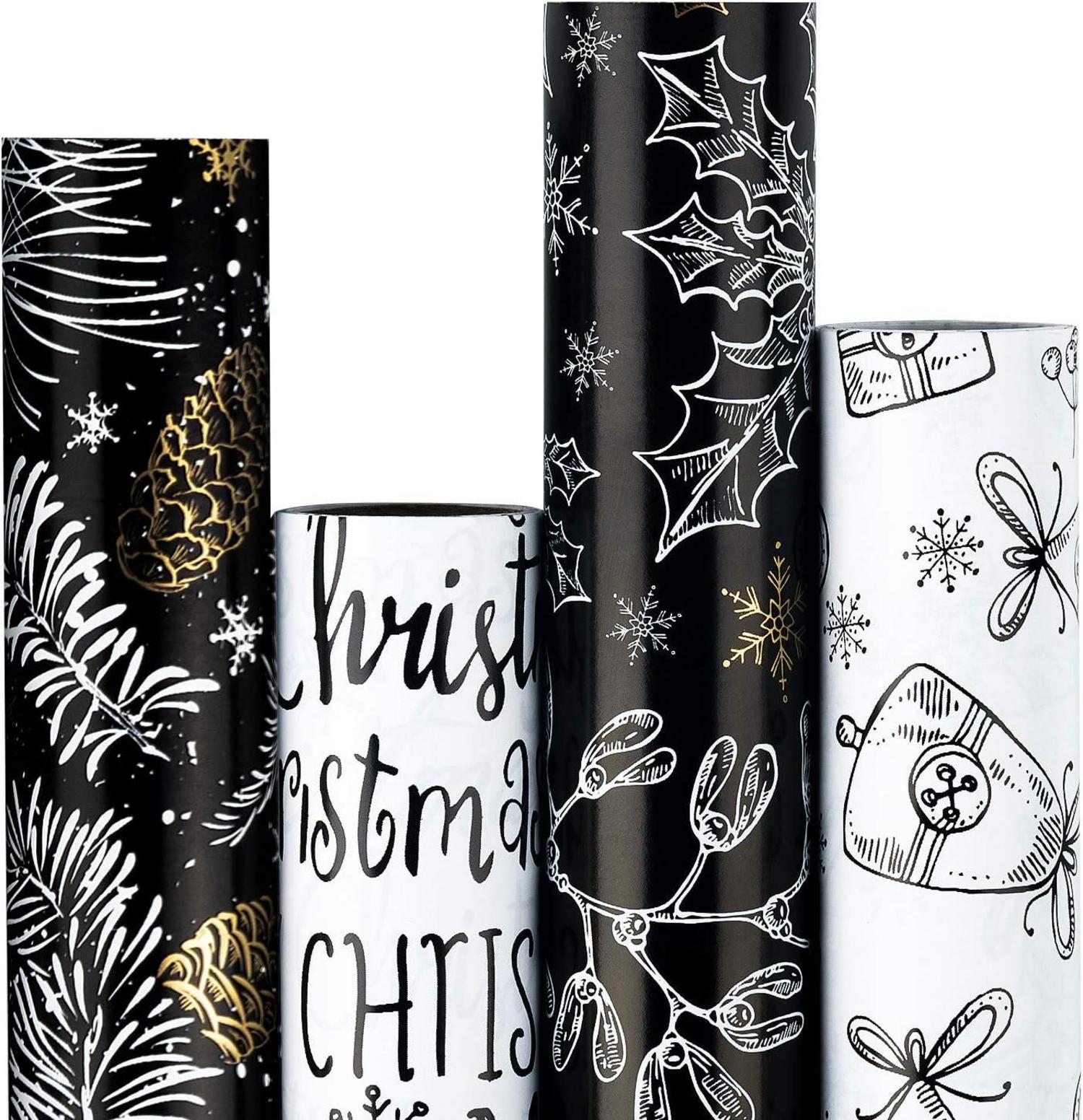 Weihnachts-Geschenkpapier Schwarz-Weiß mit Golddruck 4 Rollen 76 cm x
