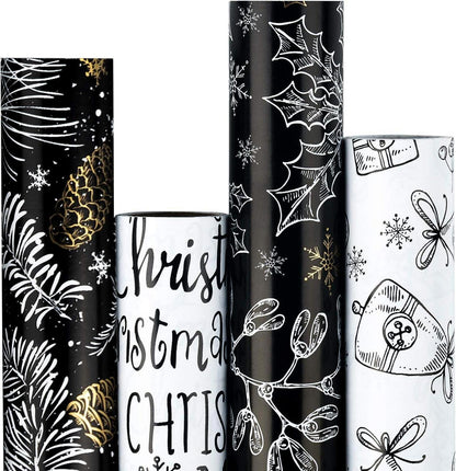 Weihnachts-Geschenkpapier Schwarz-Weiß mit Golddruck 4 Rollen 76 cm x