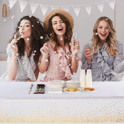 4er Set Weiß Gold Party Tischdecke 137x274 cm für rechteckige Tische, Gold Dot Confetti Design