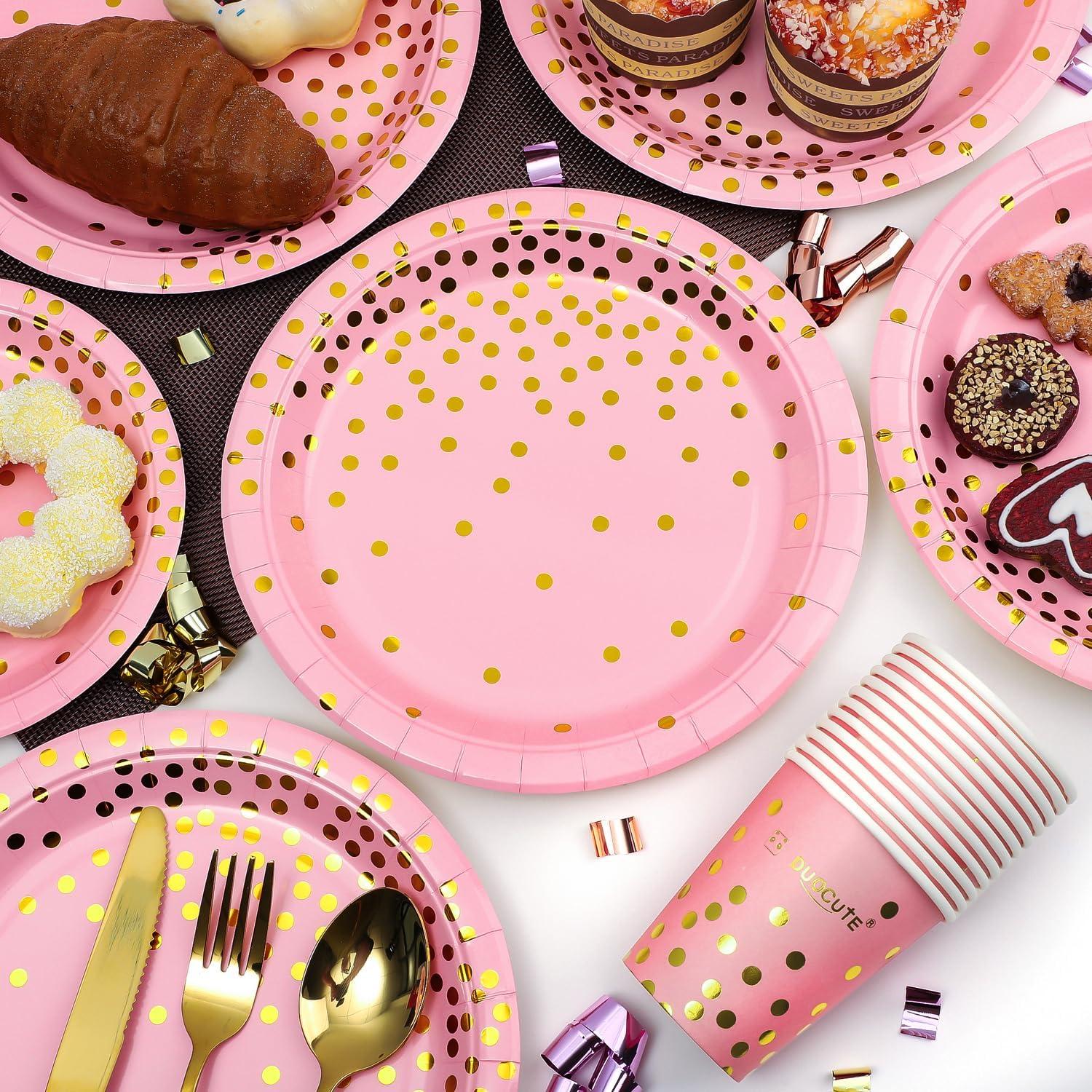 99-teiliges Pink und Gold Partygeschirr Set für Bachelorette, Mädchen, Babyparty