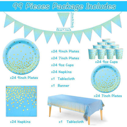 Blau Gold Partygeschirr Set 99 Stück Pappteller Servietten