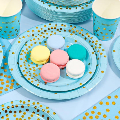 Blau Gold Partygeschirr Set 99 Stück Pappteller Servietten