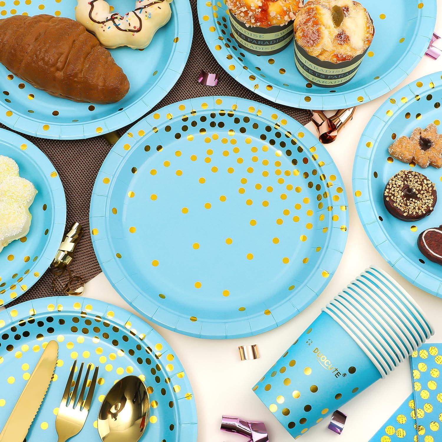 Blau Gold Partygeschirr 99 Stück Pappteller Servietten Tassen Tischdecke Banner