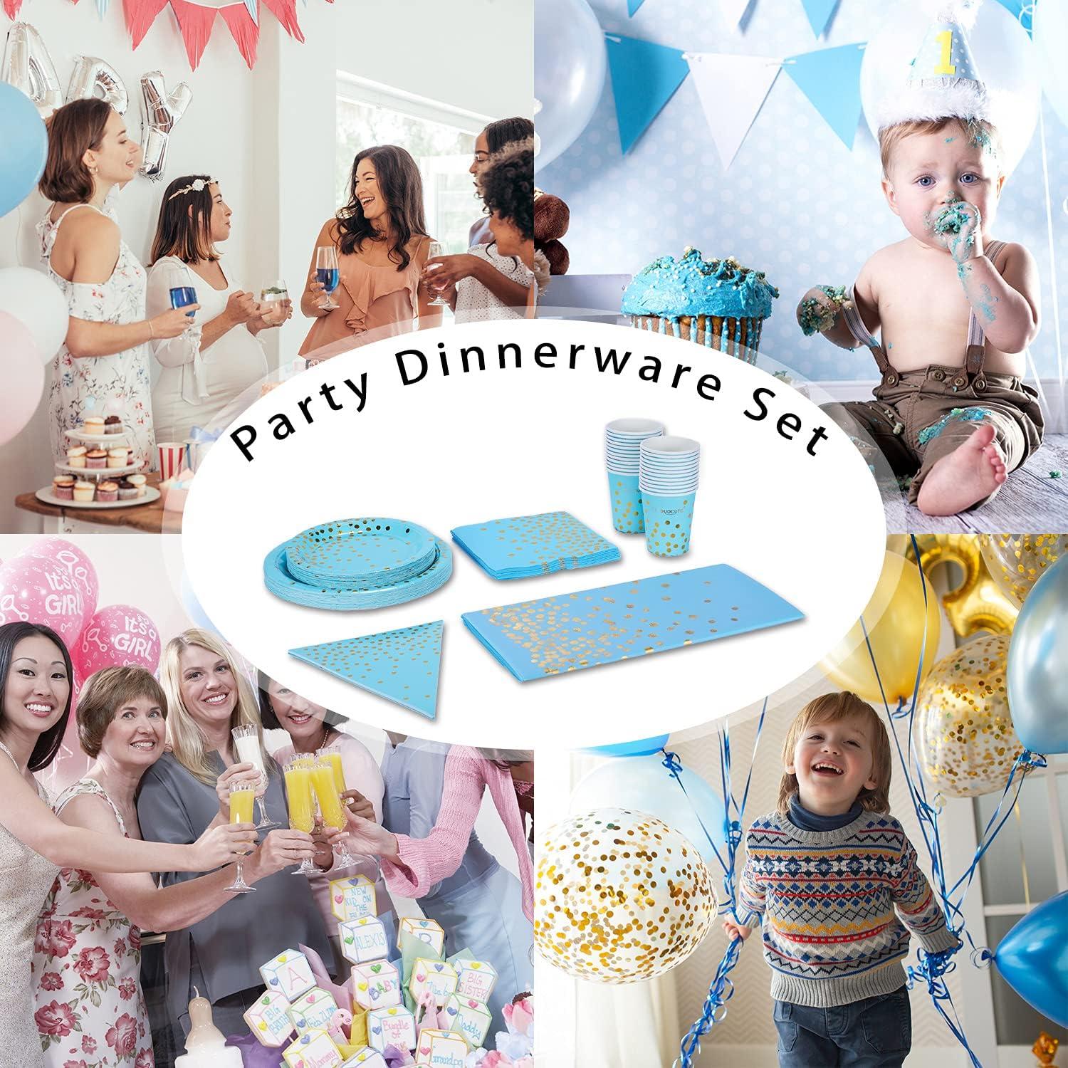 Blau Gold Partygeschirr Set 99-teilig Pappteller Servietten Tassen Tischdecke