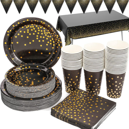 Party Deko Partygeschirr Schwarz Gold 99 Stück Teller Set