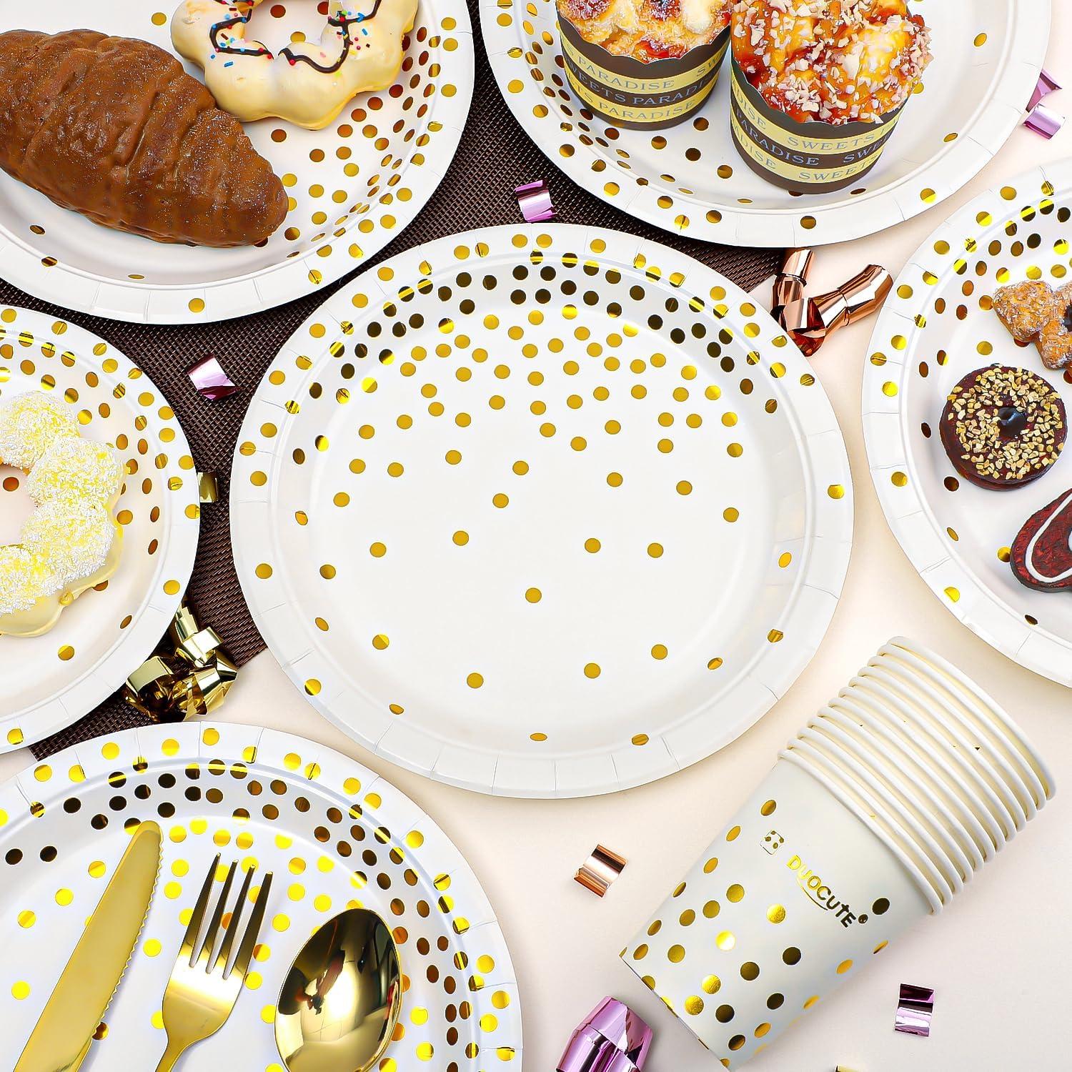 Weiß Gold Partygeschirr Set 99-teilig Pappteller Servietten Tassen Tischdecke Banner
