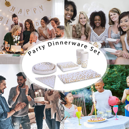 Weiß Gold Partygeschirr Set 99-teilig Pappteller Servietten Tassen Banner