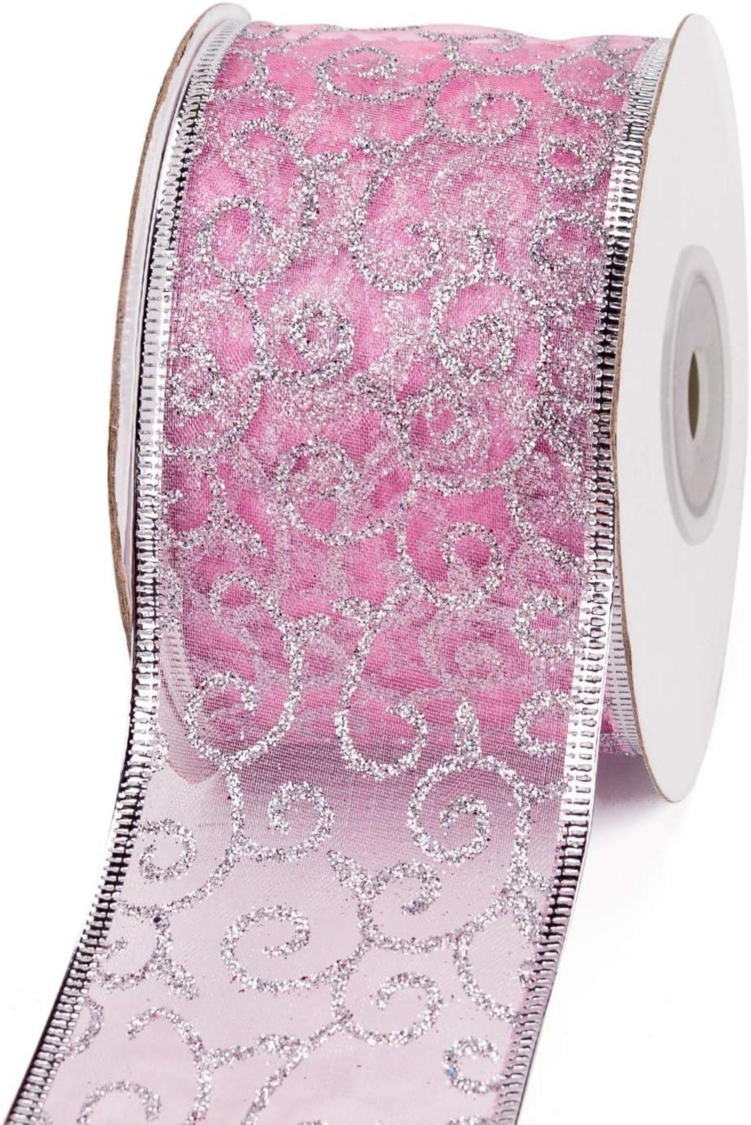 Hellrosa Swirl Sheer Glitter Band 63mm x 22m Rolle Silberdrahtkante