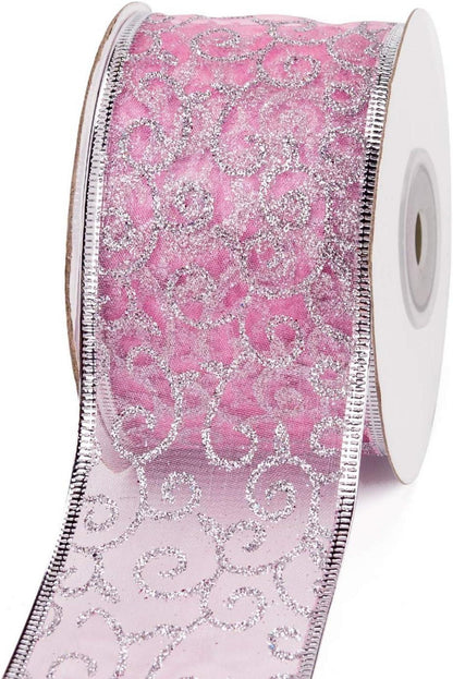 Hellrosa Swirl Sheer Glitter Band 63mm x 22m Rolle Silberdrahtkante