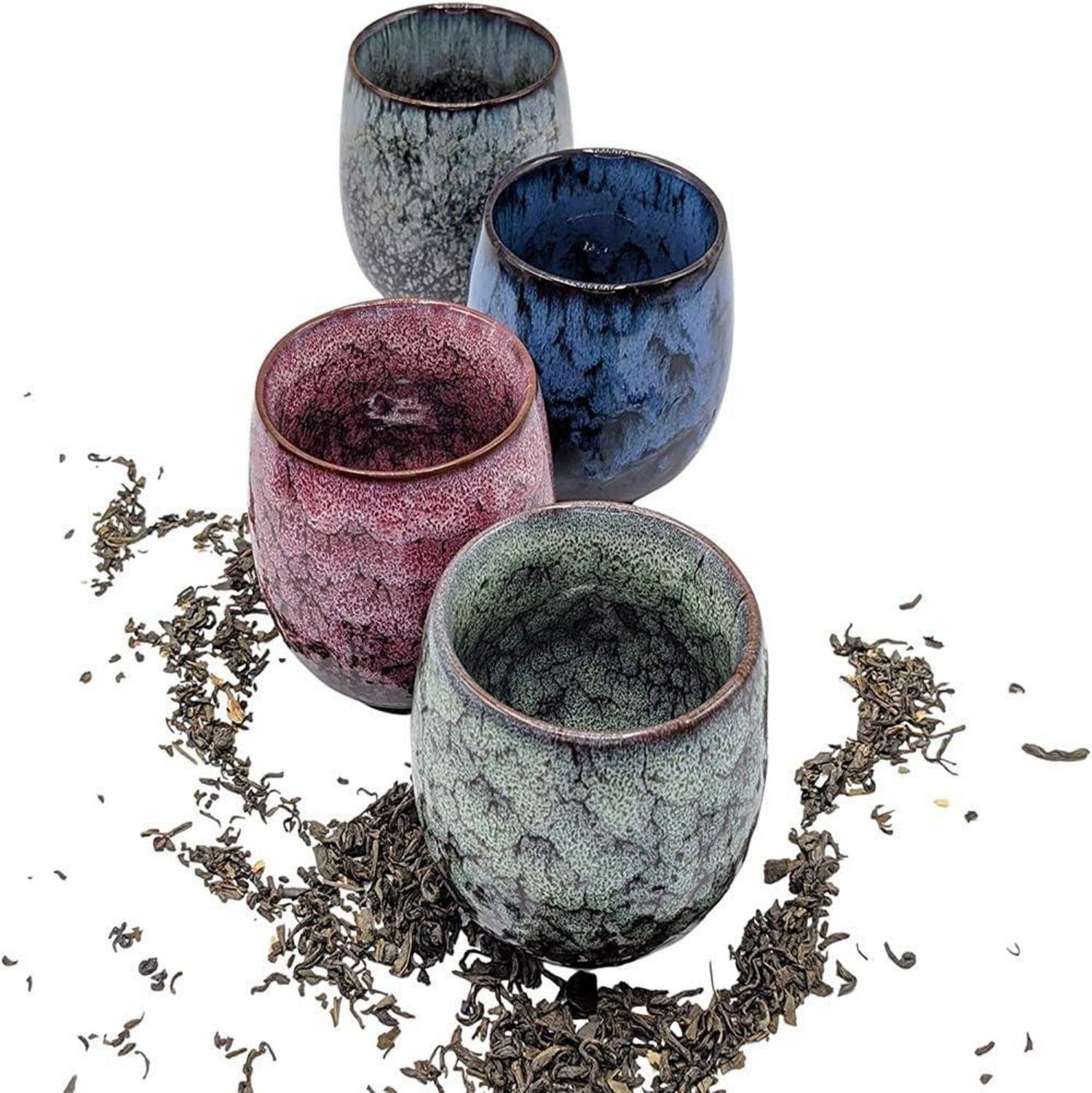 Japanische Keramik Teetassen Set handgefertigt 4er flammglasiert Geschenkbox