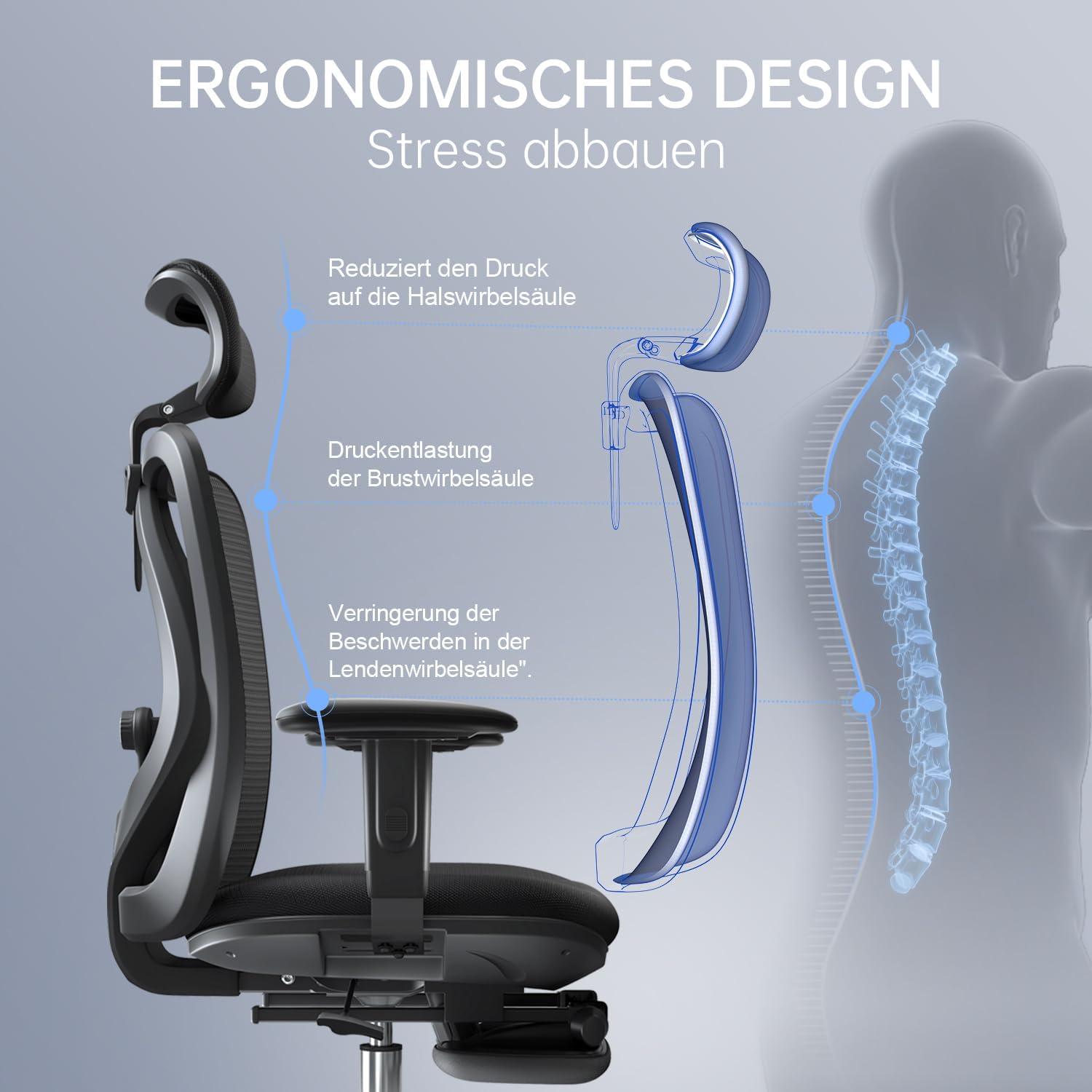 Ergonomischer Bürostuhl mit Fußstütze und Netzrückenlehne Schwarz