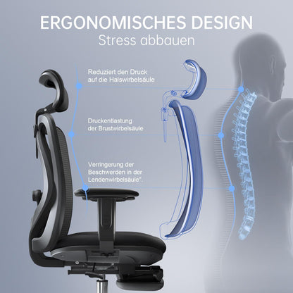 Ergonomischer Bürostuhl mit Fußstütze und Netzrückenlehne Schwarz