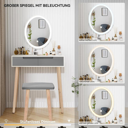 Schminktisch mit Beleuchtung und Spiegel, Kosmetiktisch mit Hocker