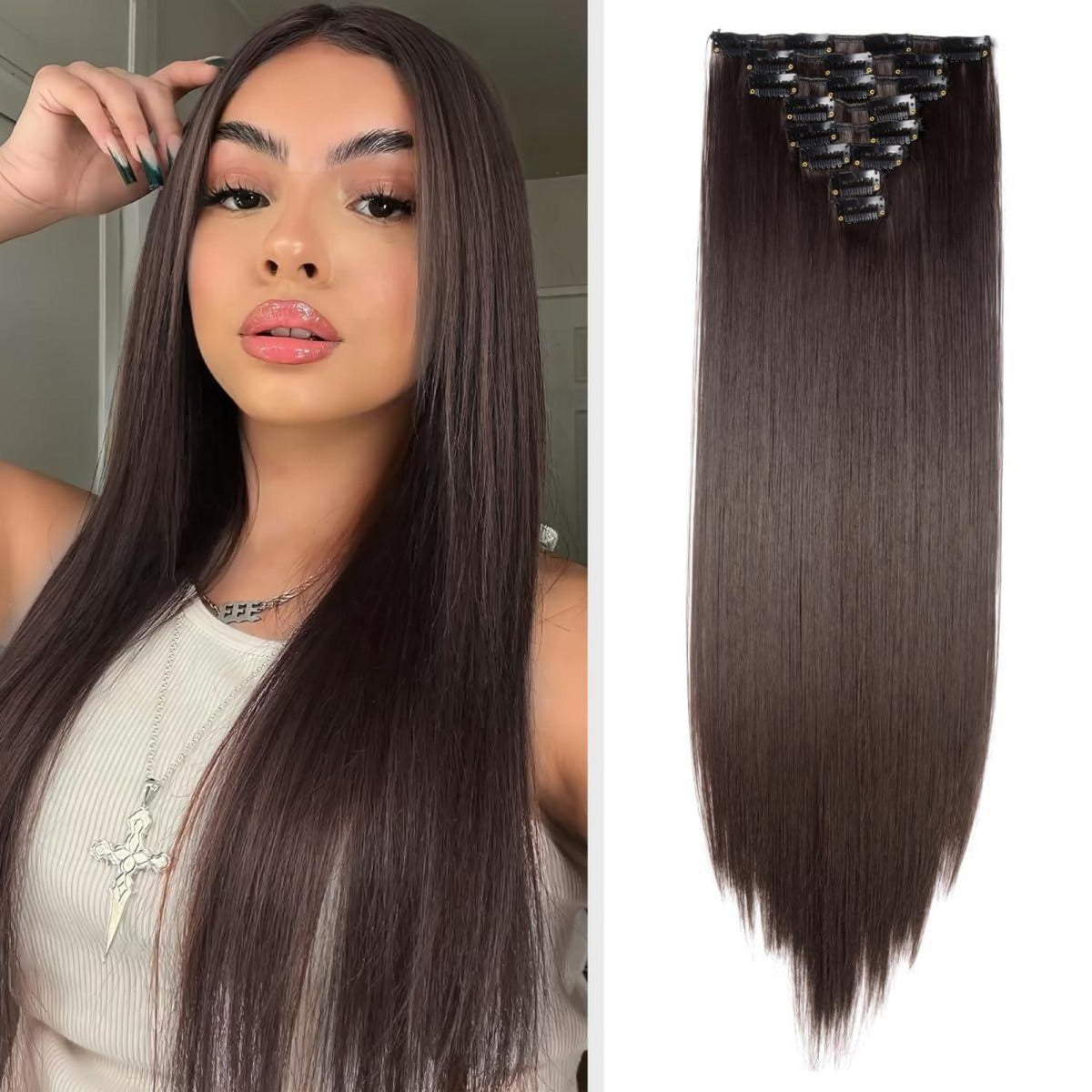Dunkelbraune Clip-in Haarverlängerung – 66cm, 140g, 8 Tressen