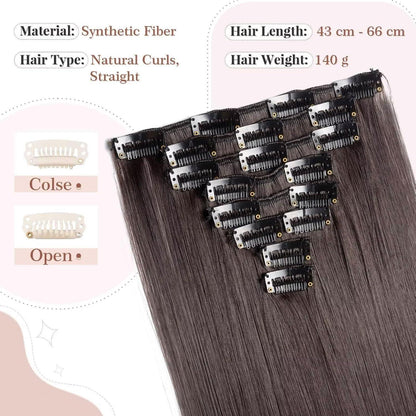 Dunkelbraune Clip-in Haarverlängerung – 66cm, 140g, 8 Tressen