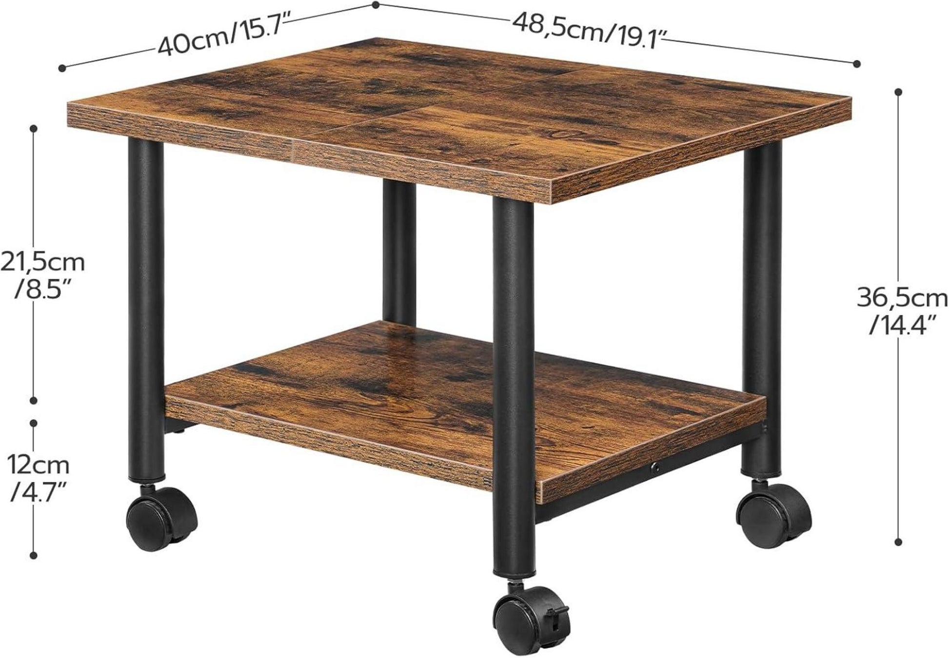 Druckertisch mit arretierbaren Rädern und 2 Ebenen, Industrie-Design, für Büro, Fax, Dunkelbraun/Schwarz