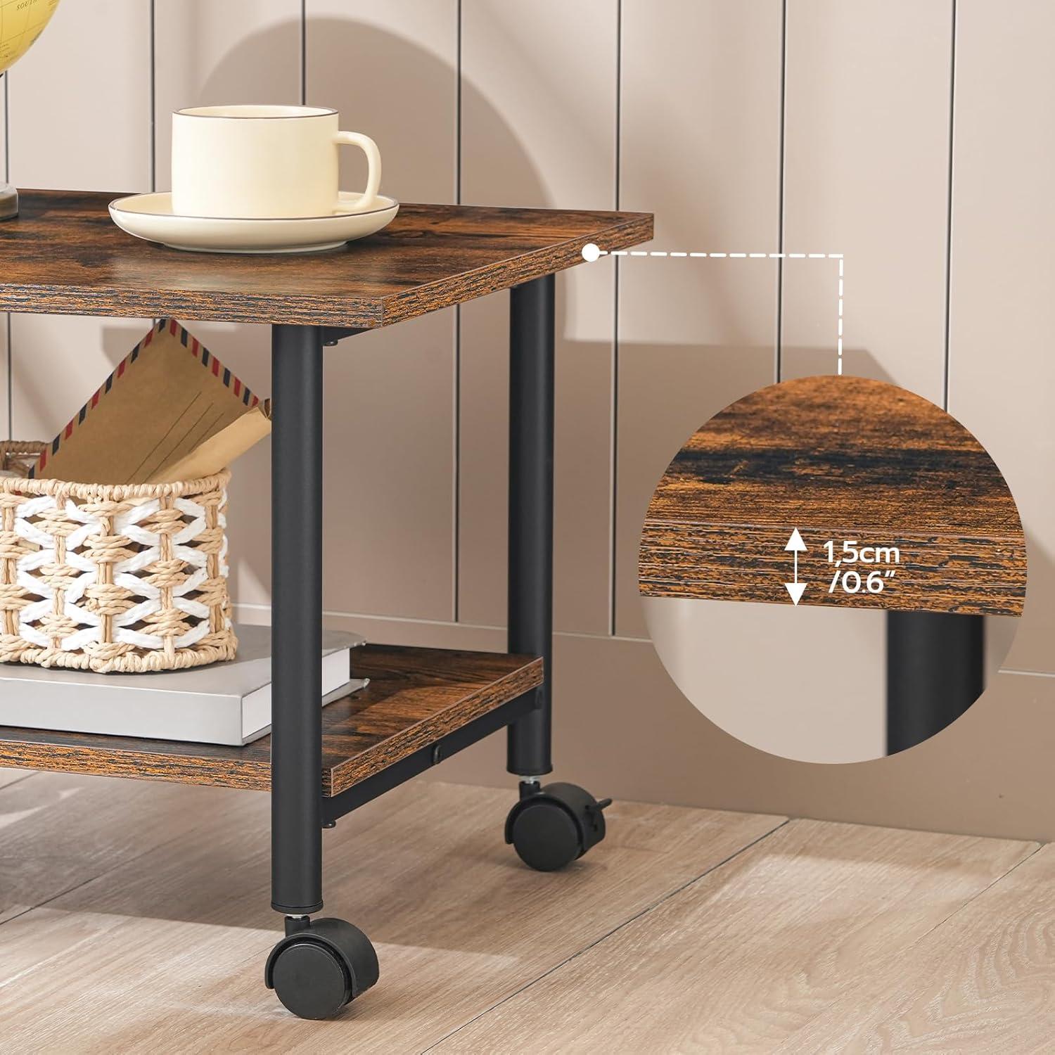Druckertisch mit arretierbaren Rädern und 2 Ebenen, Industrie-Design, für Büro, Fax, Dunkelbraun/Schwarz