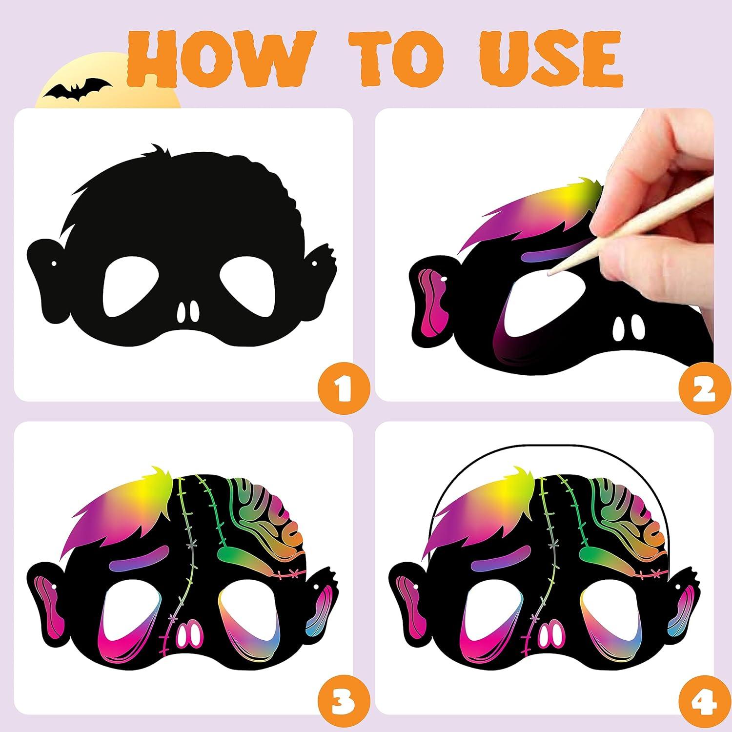 JOYIN 32-teiliges Halloween-Kratzmasken-Set 8 Designs Kunst Handwerk Süßes Saures Partyzubehör