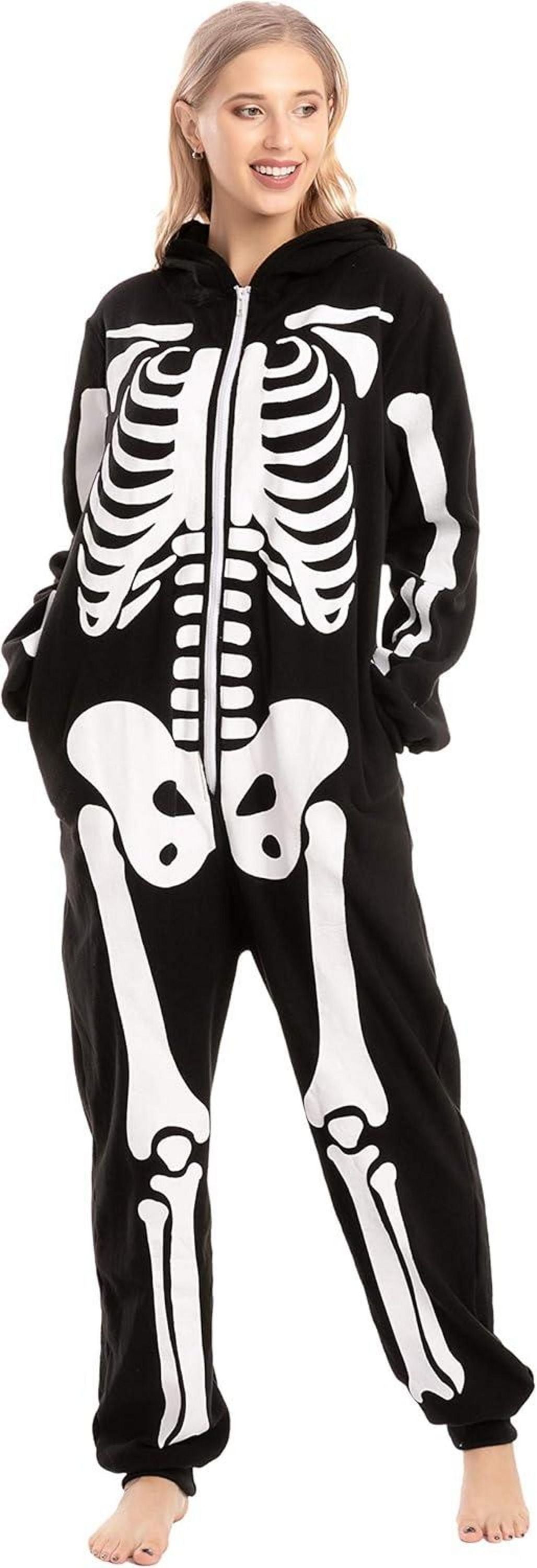 Halloween Skelett Onesie Pyjama Erwachsene Schwarz Plüsch Jumpsuit