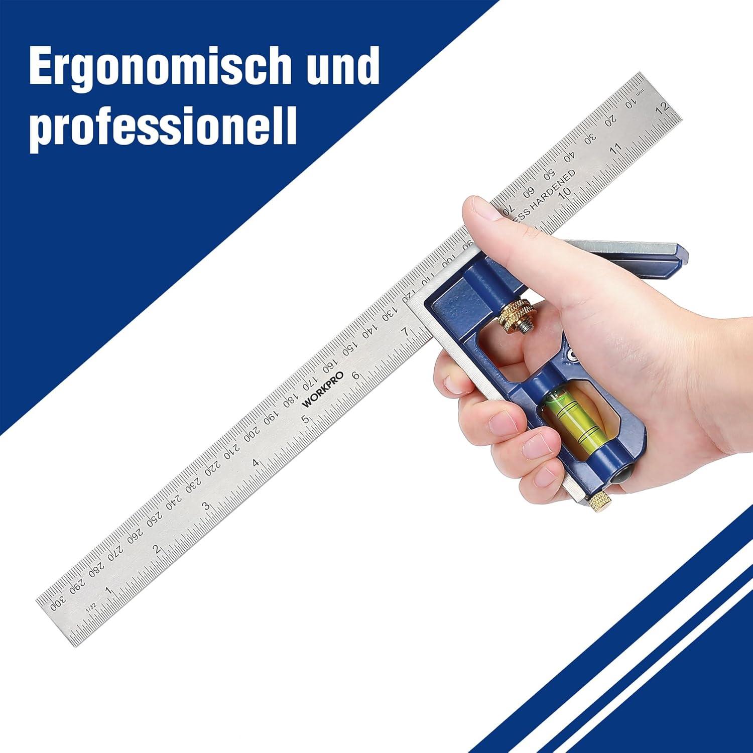 Kombinationswinkel mit Wasserwaage und Anreissnadel 300mm aus