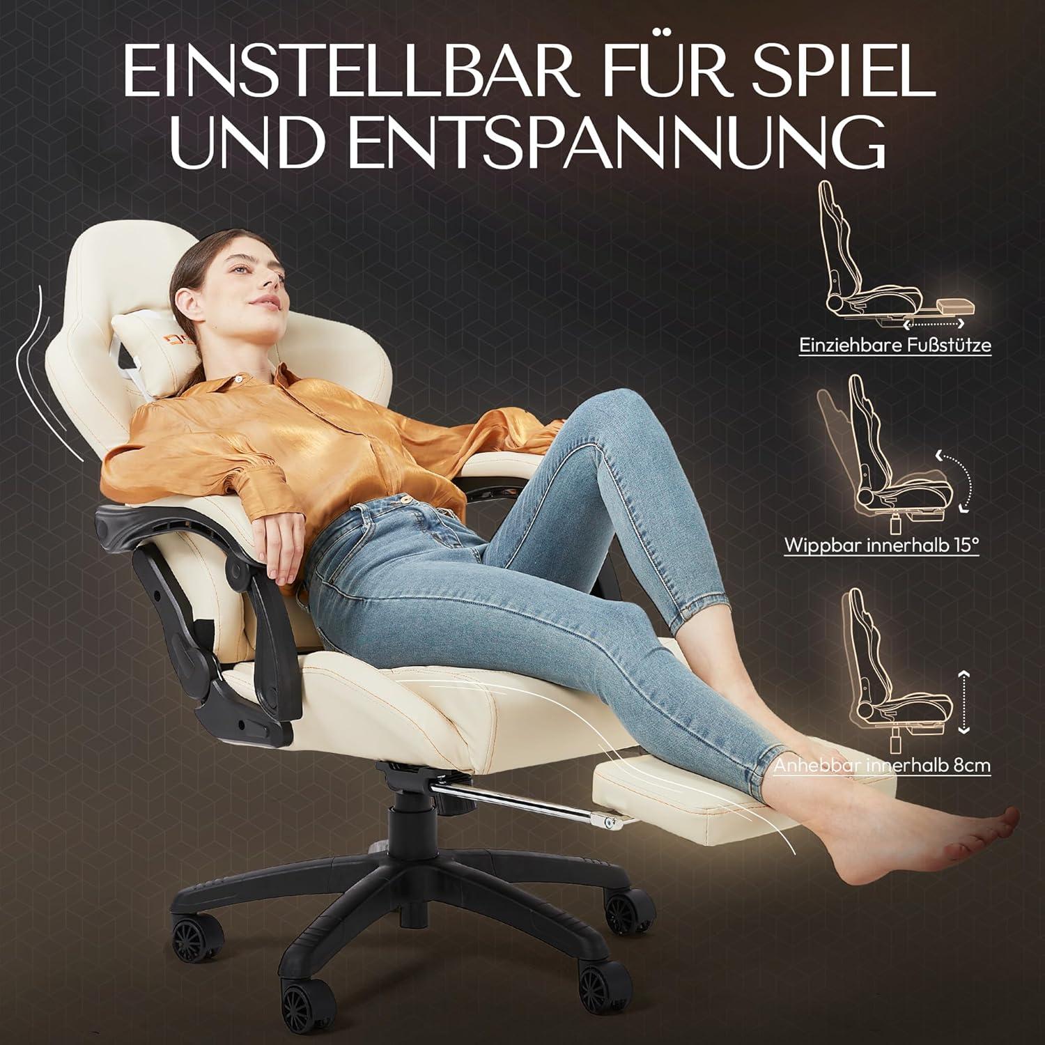 Dowinx Gaming Stuhl Ergonomischer Bürostuhl mit Massage Lendenstütze PU Leder