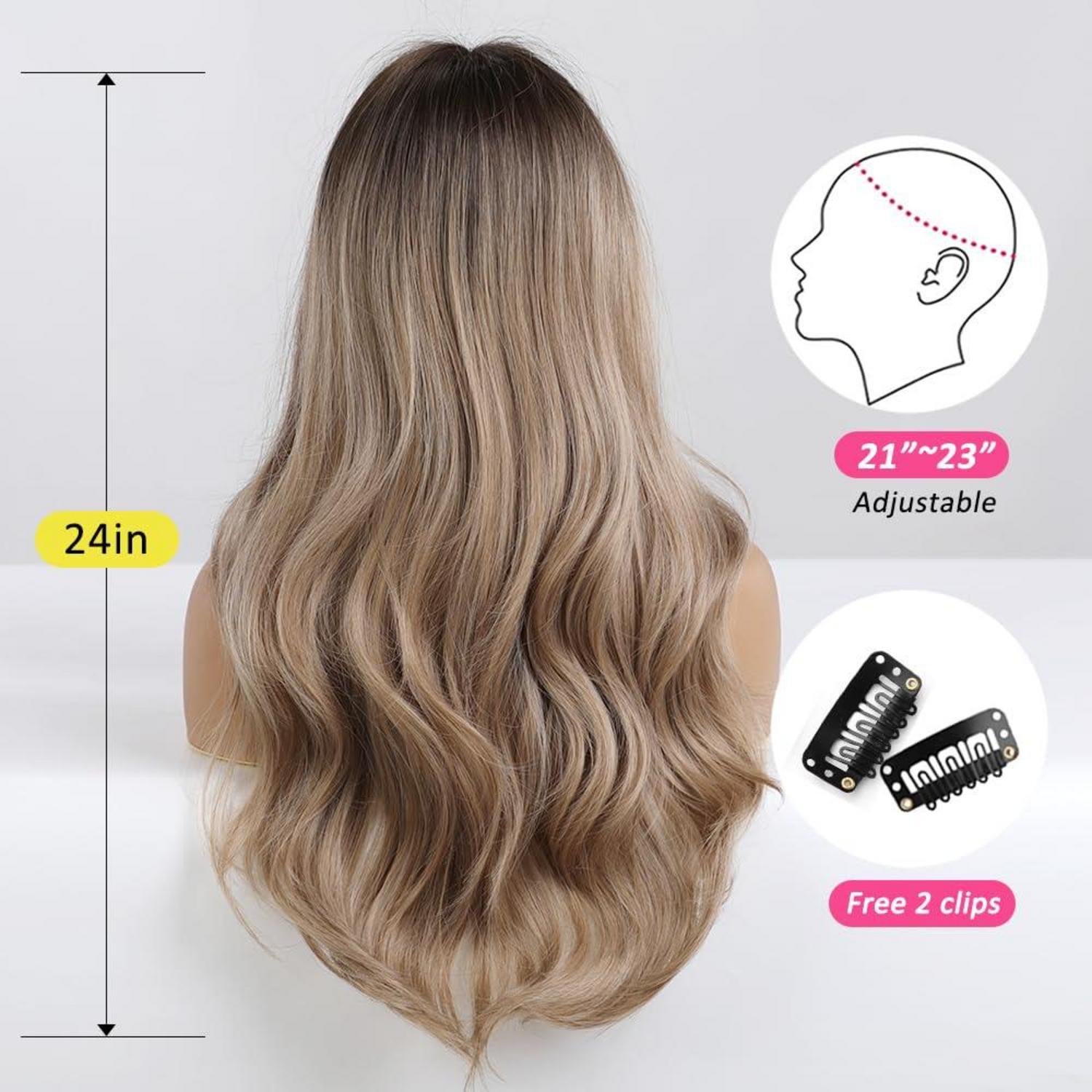 OUFEI Dunkelblonde Synthetische Perücke mit Pony - Lange Welle Ombre
