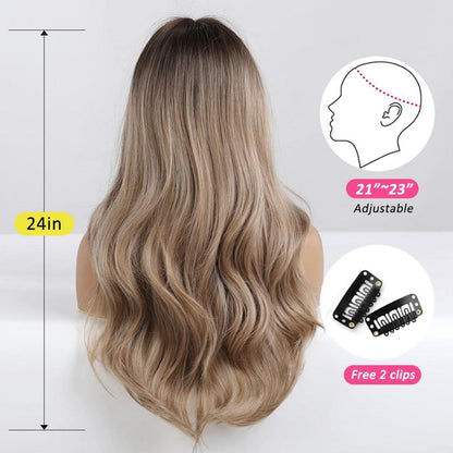 OUFEI Dunkelblonde Synthetische Perücke mit Pony - Lange Welle Ombre