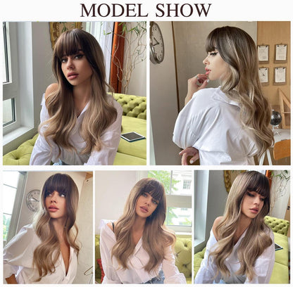 OUFEI Dunkelblonde Synthetische Perücke mit Pony Lange Ombre Welle