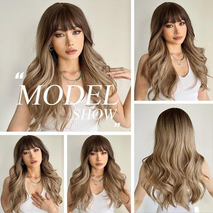Dunkelblonde lange wellige Ombre Perücke mit Pony für Frauen