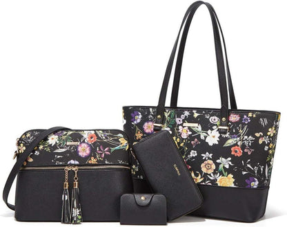 Damen Handtasche Set Schwarzfl Goldene Details