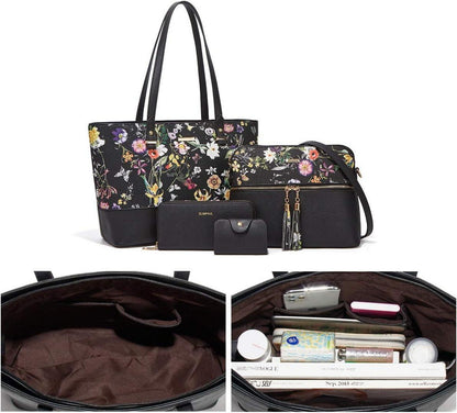 Damen Handtasche Set Schwarzfl Goldene Details