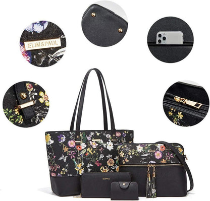 YTL Damen Handtasche Tote Schultertasche Umhängetasche Schwarz 4-teilig